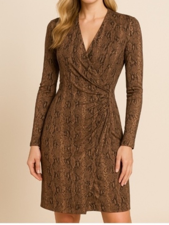 Norma Kamali Dresses & Skirts - Norma Kamali Brown Snake-Print Long Sleeve Faux Wrap Dress